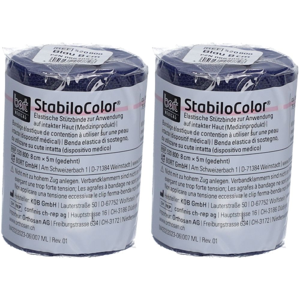 Zwei Rollen BORT StabiloColor® Binde, 8 cm breit, blau. Elastische Stützbinde in Folie verpackt. Produktetikett mit Text.