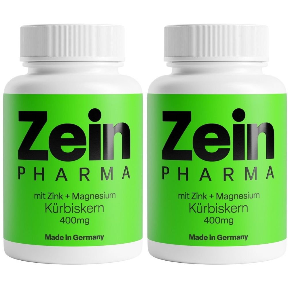 Zwei weiße Flaschen mit grünen Etiketten. Aufschrift: Zein Pharma, Kürbiskern 400mg, mit Zink + Magnesium. Hergestellt in Deutschland.