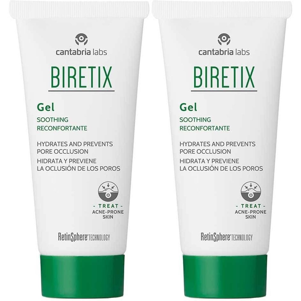 Zwei weiße Tuben mit grünem Verschluss. Aufschrift BIRETIX Gel, Text in mehreren Sprachen.