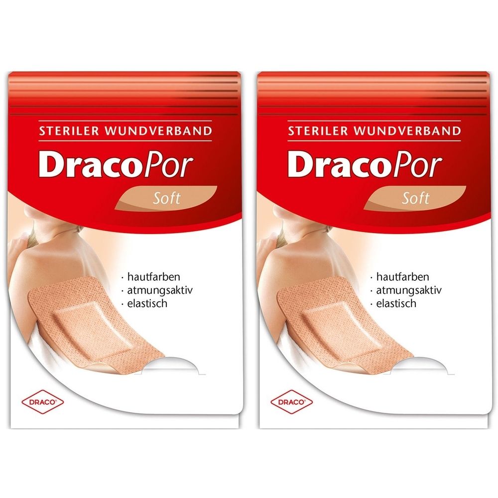 Zwei Packungen Wundverband. Aufschrift: DracoPor Soft, hautfarben, atmungsaktiv, elastisch. Marke DRACO.