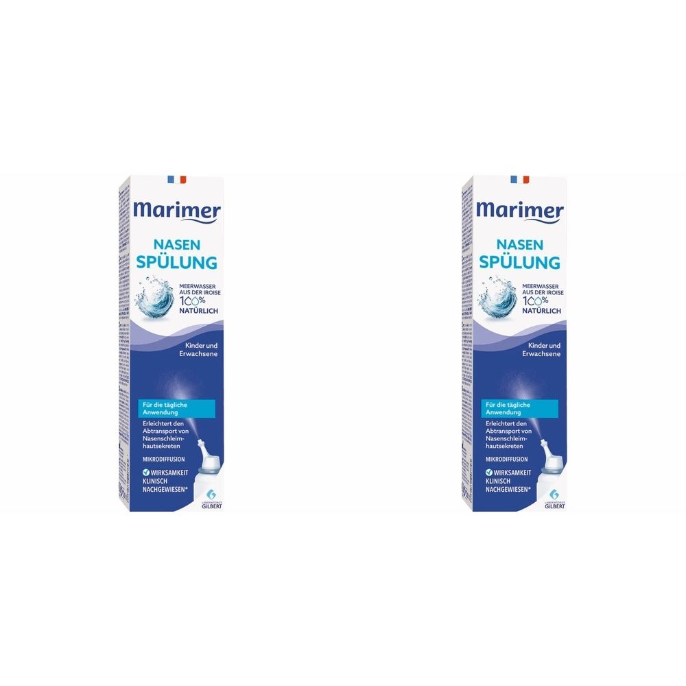 Zwei Packungen Nasenspülung. Weiße Schachteln mit blauem Design und Produktnamen Marimer. Text: Nasenspülung, Kinder & Erwachsene.