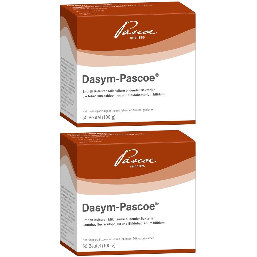 Zwei braune Kartons mit weißer Schrift. Aufschrift: Dasym-Pascoe®, Pascoe. Enthält Milchsäurebakterien. 50 Beutel (100 g).