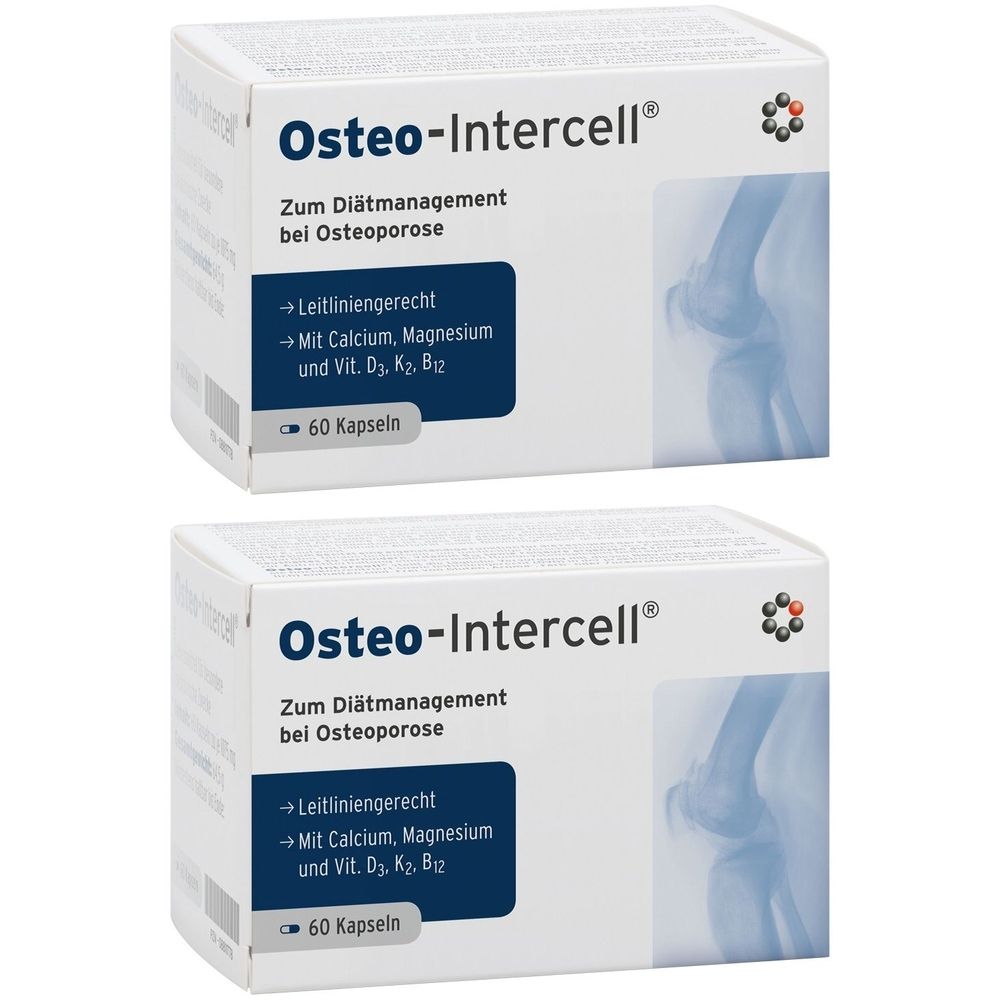 Zwei weiße Schachteln mit der Aufschrift Osteo-Intercell. Text: Zum Diätmanagement bei Osteoporose. Enthält 60 Kapseln. Mit Calcium, Magnesium und Vit. D3, K2, B12.