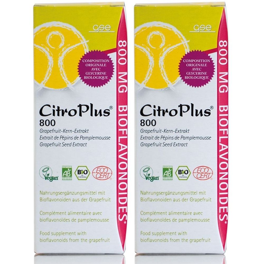 Zwei rechteckige Verpackungen von CitroPlus® 800. Aufdrucke: 800 MG Bioflavonoide, Grapefruit-Kern-Extrakt, Vegan-Siegel, Bio-Zertifizierung.