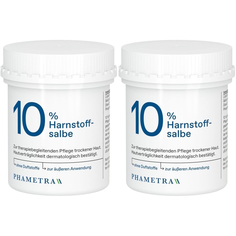 Zwei weiße Tiegel mit Deckel. Aufschrift: 10 % Harnstoffsalbe. Text: Zur therapiebegleitenden Pflege trockener Haut. Marke: PHAMETRA.