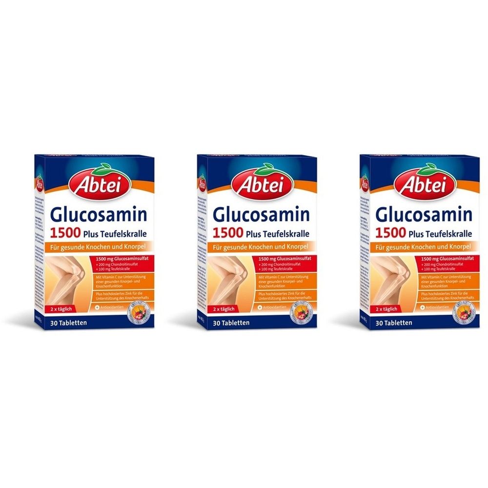 Drei Schachteln Abtei Glucosamin 1500 Plus. Blaue und weiße Verpackung mit Produktnamen und Abbildung eines Knies. 30 Tabletten.