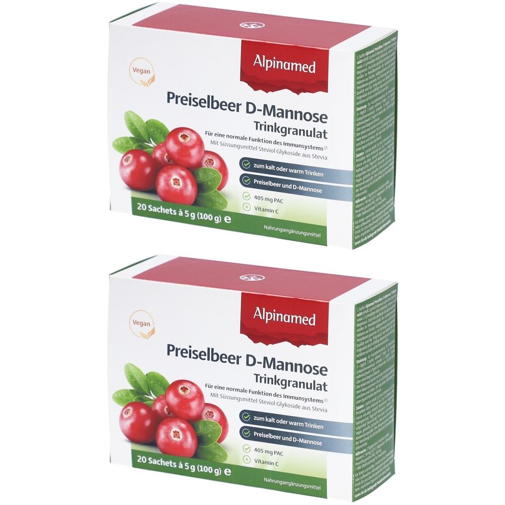 Zwei Kartons Alpinamed Preiselbeer D-Mannose Trinkgranulat. Rote Cranberry-Abbildung. Text: 20 Sachets à 5 g (100 g) E.