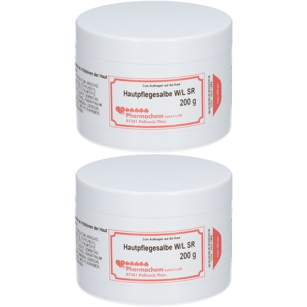 Zwei weiße Tiegel mit Deckel. Auf den Etiketten steht "Hautpflegesalbe W/L SR" und "200 g".