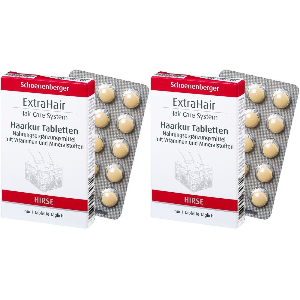 Zwei Packungen und Tablettenblister. Aufdruck: ExtraHair Haarkur Tabletten, Nahrungsergänzungsmittel. Marke: Schoenenberger.