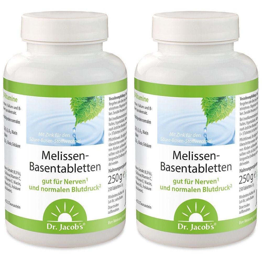Zwei weiße Flaschen mit grünen Etiketten. Aufschrift: Melissen-Basentabletten, Dr. Jacob's. 250g.