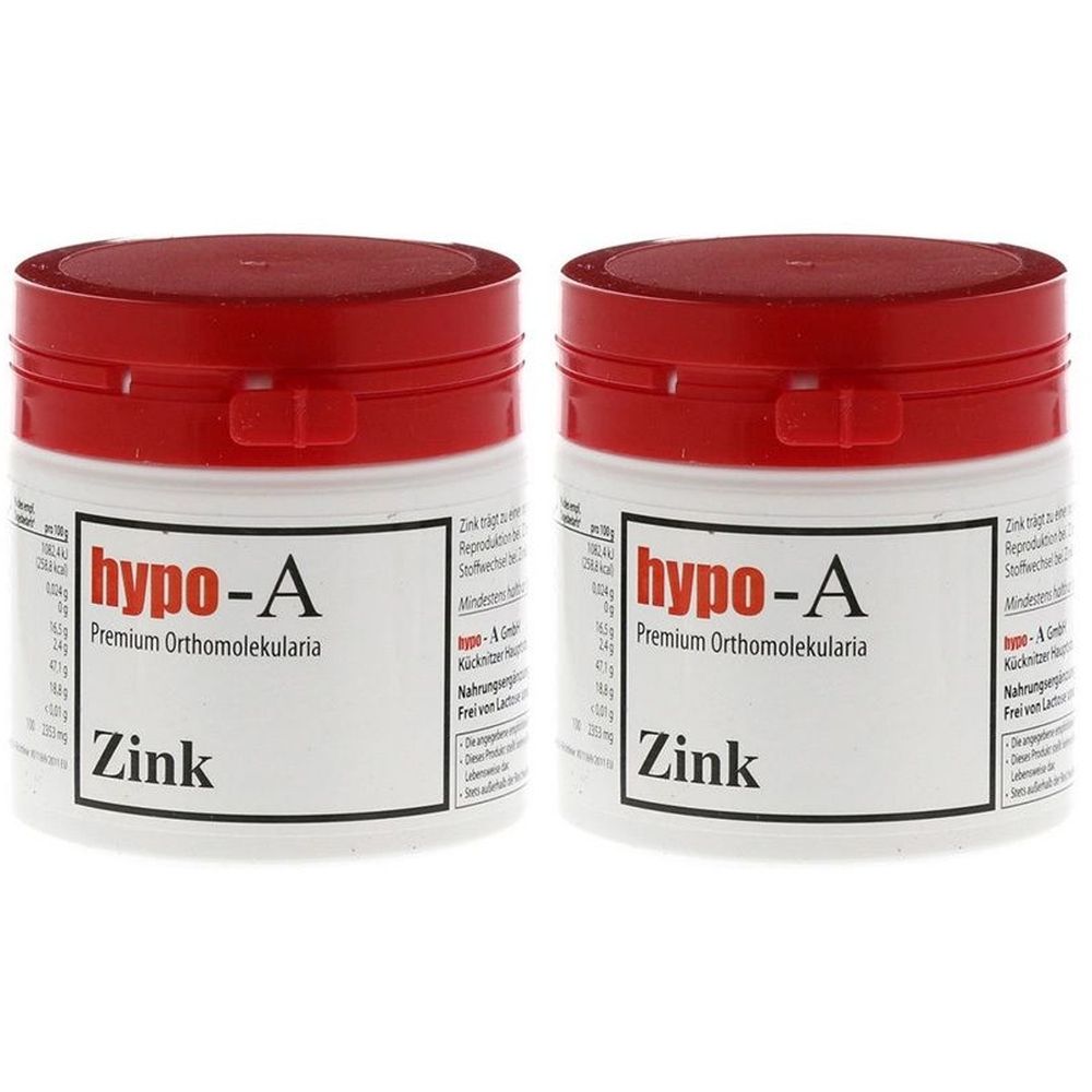 Zwei weiße Dosen mit rotem Deckel. Aufschrift "hypo-A Zink".