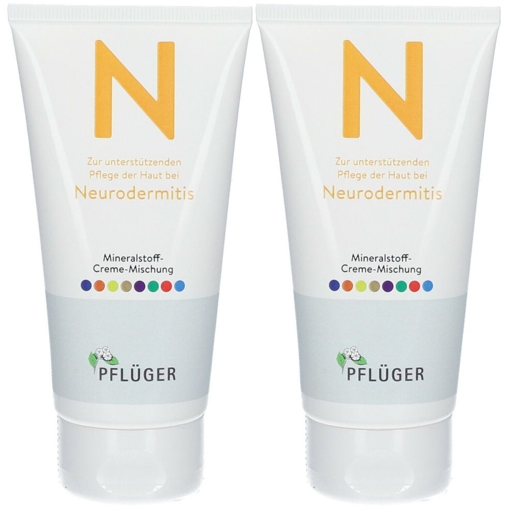 Zwei weiße Tuben mit gelbem "N"-Logo. Text: Neurodermitis, Mineralstoff-Creme-Mischung, PFLÜGER. Farbige Punkte unterhalb.