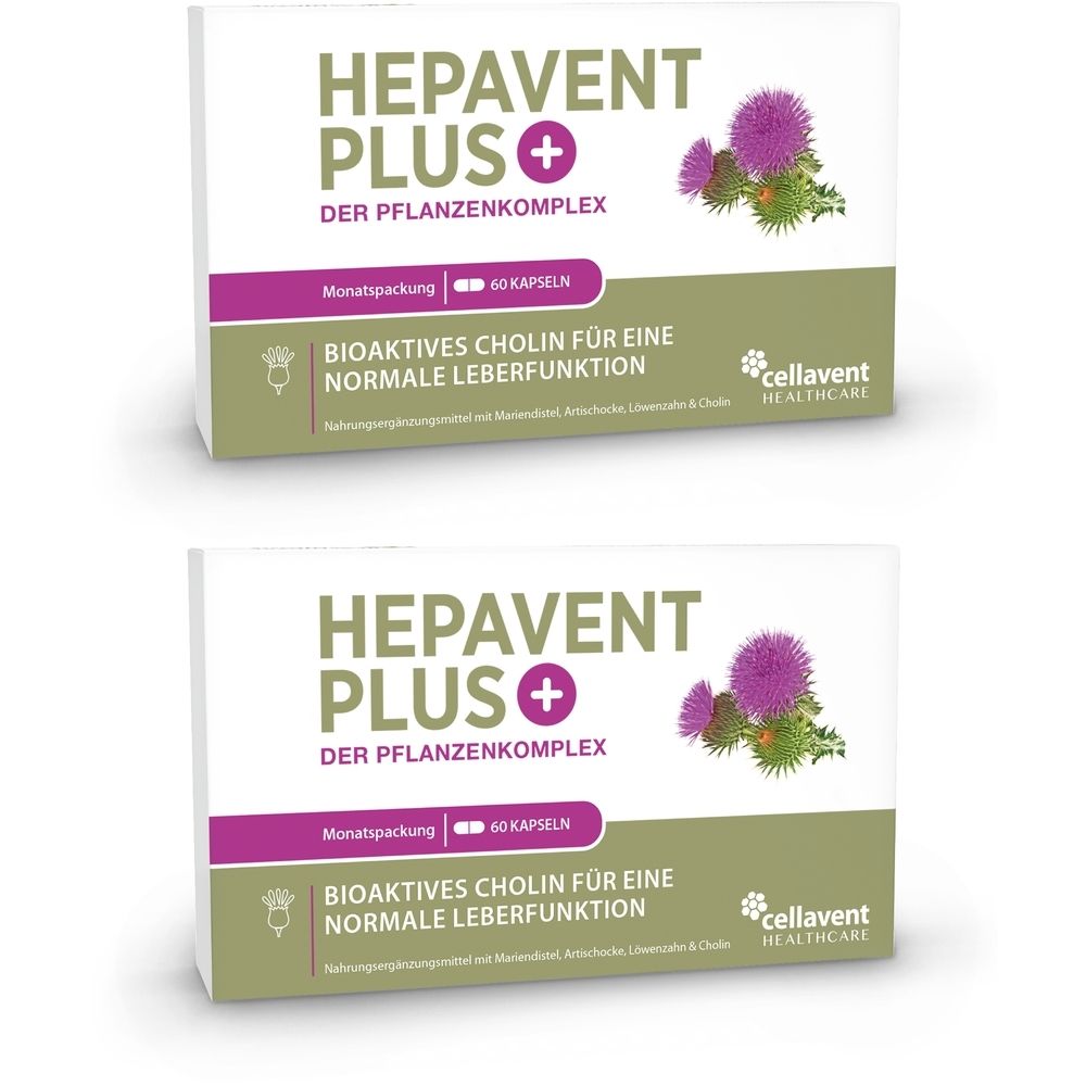 Zwei Schachteln HEPAVENT PLUS. Aufschrift: DER PFLANZENKOMPLEX, 60 Kapseln, BIOAKTIVES CHOLIN FÜR EINE NORMALE LEBERFUNKTION. Marke: cellavent HEALTHCARE.