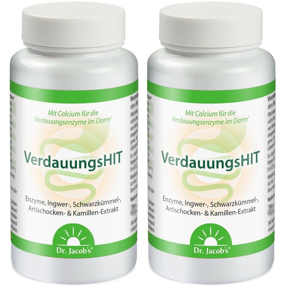 Zwei weiße Flaschen mit Etikett. Aufschrift: VerdauungsHIT, Enzyme, Ingwer, Schwarzkümmel, Artischocken & Kamillen-Extrakt. Dr. Jacob's.