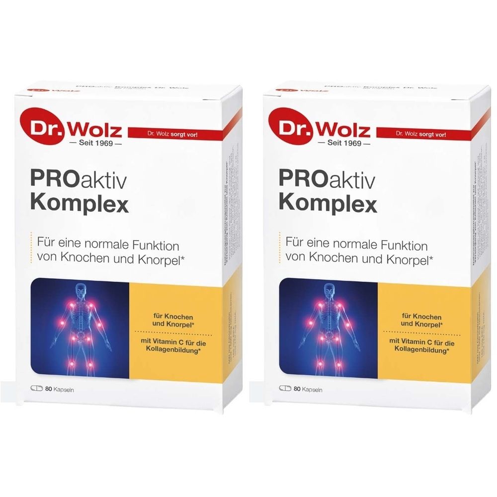 Zwei weiße Kartons mit Produktaufdruck. Aufschrift: Dr. Wolz PROaktiv Komplex. Text: Für Knochen und Knorpel.