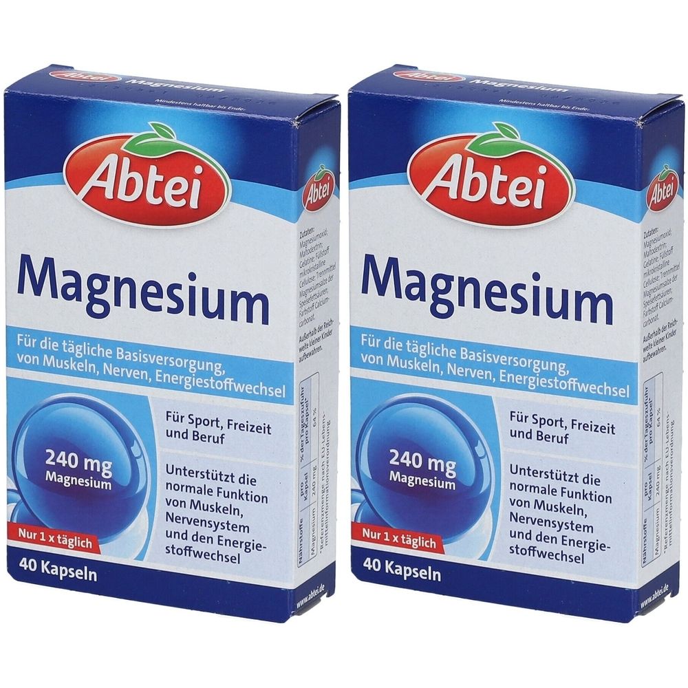 Zwei Schachteln Abtei Magnesium. Blaue und weiße Verpackung. Enthält 40 Kapseln. Text: 240 mg Magnesium.
