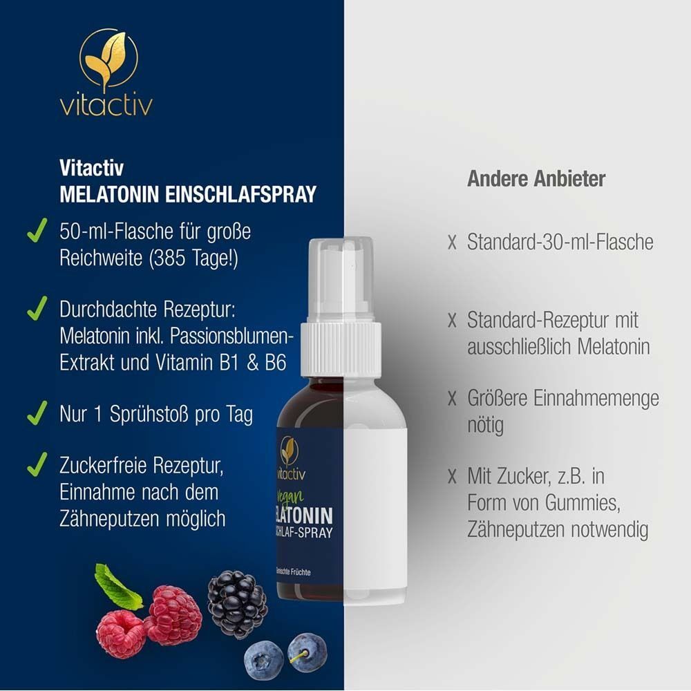 Vergleich von Vitactiv Melatonin Einschlaf-Spray mit anderen Anbietern. "50-ml-Flasche für große Reichweite."