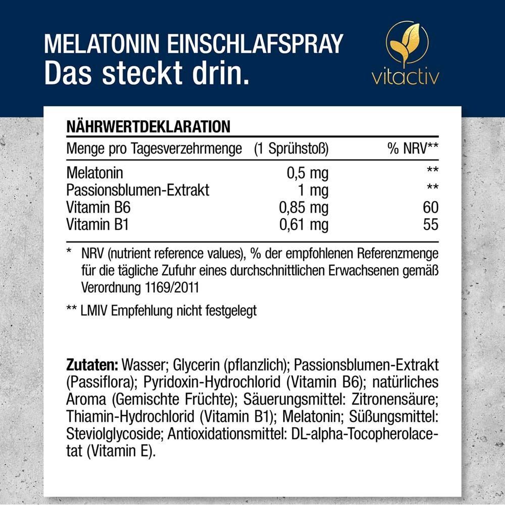 Nährwertangaben und Inhaltsstoffe für Vitactiv Melatonin Einschlaf-Spray. "Melatonin Einschlaf-Spray. Das steckt drin."