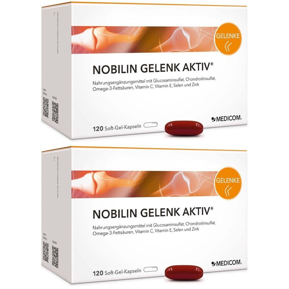 Zwei Schachteln mit Kapseln. Aufschrift: NOBILIN GELENK AKTIV. Enthält Nahrungsergänzungsmittel. 120 Soft-Gel-Kapseln. Rote Kapsel daneben.