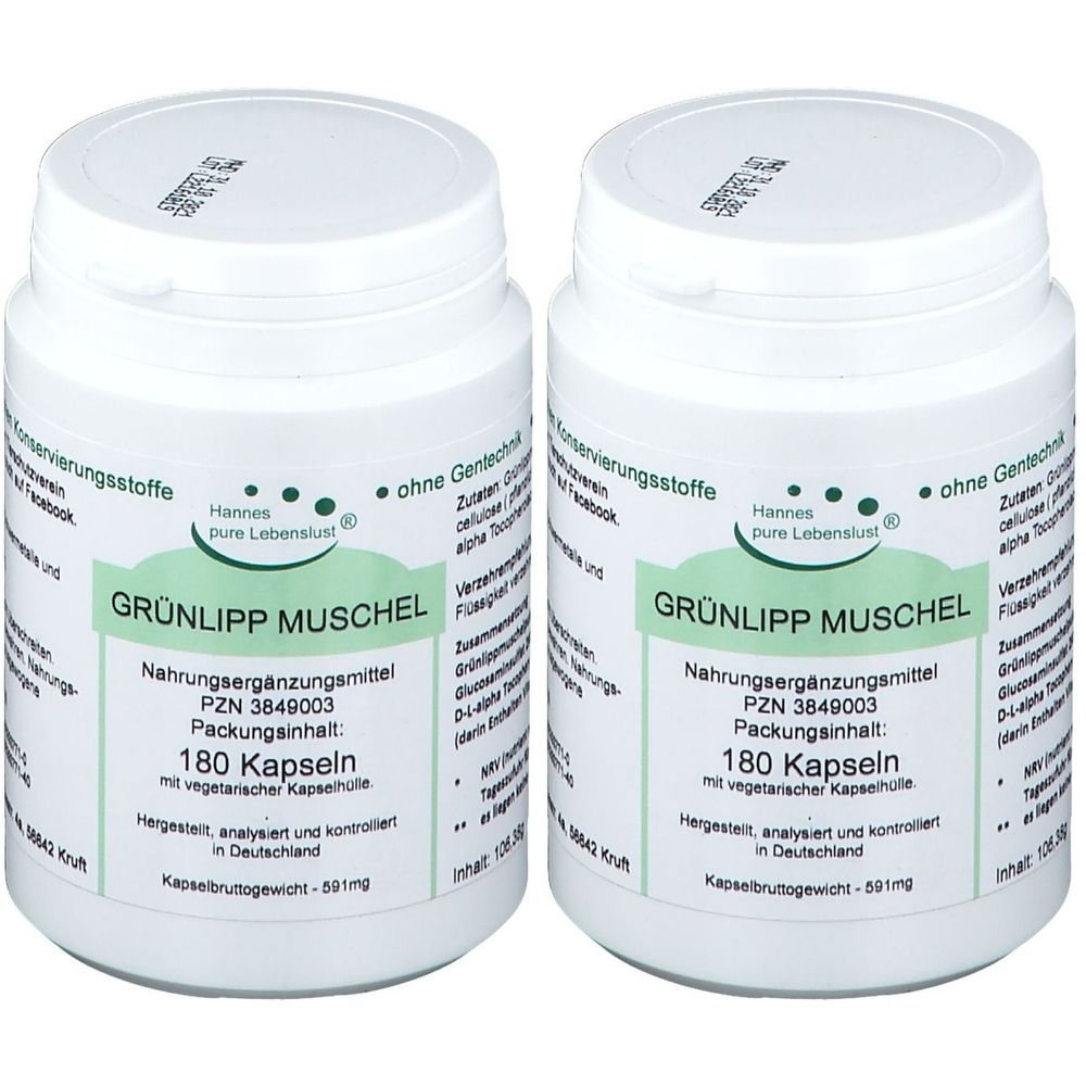 Zwei weiße Dosen mit grünem Etikett. Aufschrift: GRÜNLIPP MUSCHEL, Nahrungsergänzungsmittel, 180 Kapseln. Marke: Hannes pure Lebenslust.