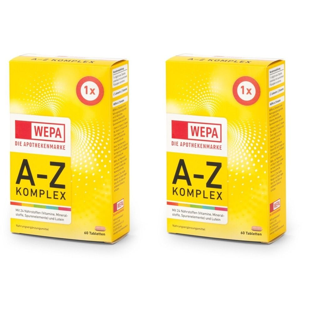 Zwei gelbe Kartons mit roter und weißer Aufschrift. Oben steht "A-Z KOMPLEX". Links steht "WEPA DIE APOTHEKENMARKE".