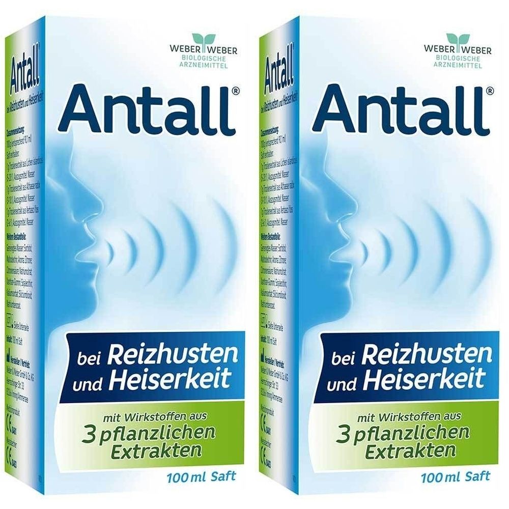 Zwei Packungen Antall. Blaue Verpackung mit weißem Schriftzug. Text: bei Reizhusten und Heiserkeit. 100 ml Saft.