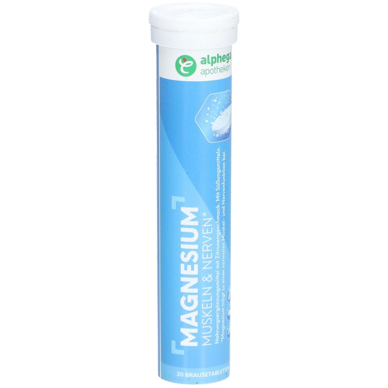 Zylindrische Tube mit weißem Deckel. Blaue Verpackung mit Schriftzug Magnesium, Muskeln & Nerven. Logo der Apotheke.