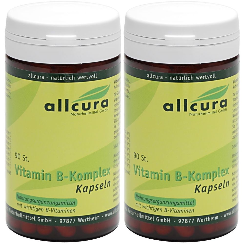 Zwei Flaschen mit Vitamin B-Komplex Kapseln. Aufschrift: allcura, 90 St., Nahrungsergänzungsmittel.