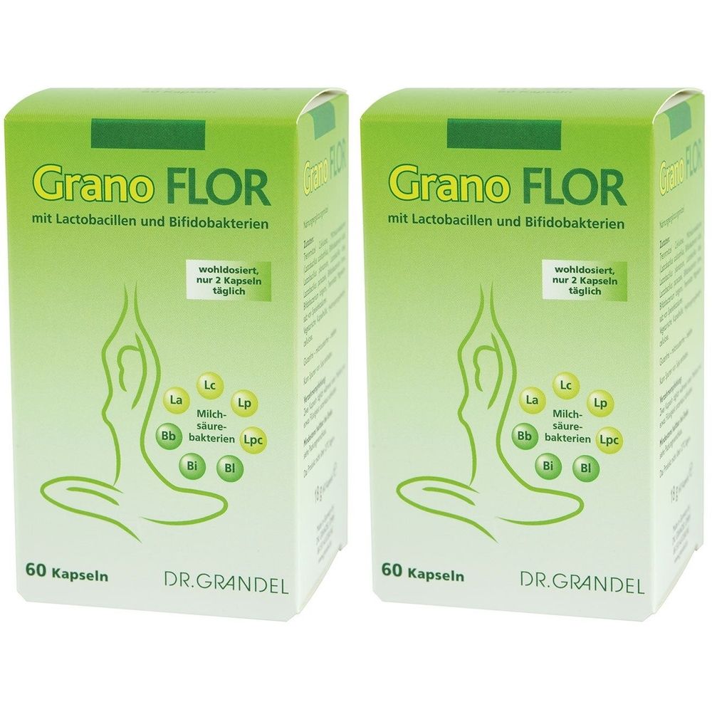 Zwei grüne Schachteln mit "Grano FLOR"-Aufdruck. Enthält Lactobacillen und Bifidobakterien. 60 Kapseln. Marke: DR. GRANDEL.