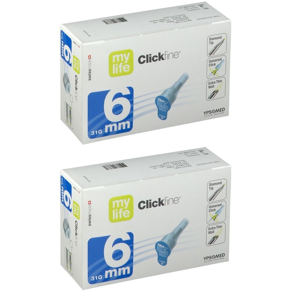 Zwei Kartons mit mylife Clickfine® 6 mm Kanülen. Aufdruck: 6 mm, 31G. Abbildung einer Kanüle. Logos und Produktbezeichnungen.