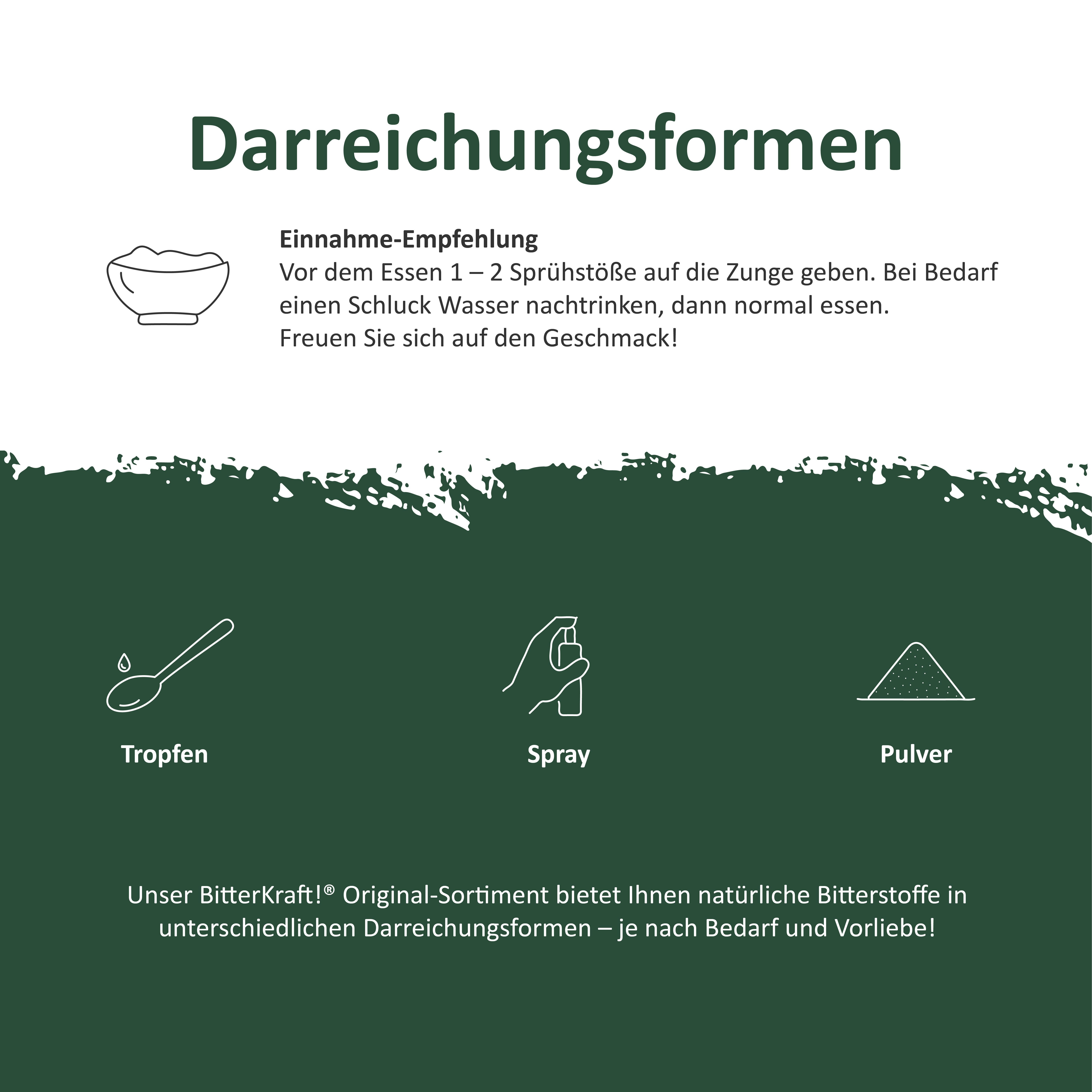Darreichungsformen: Tropfen, Spray und Pulver von BitterKraft! Original.