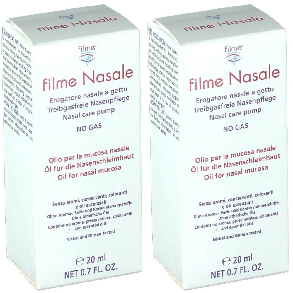 Zwei weiße Kartons mit Produktnamen „filme Nasale“. Text in Deutsch, Italienisch, Englisch. Volumen: 20 ml.