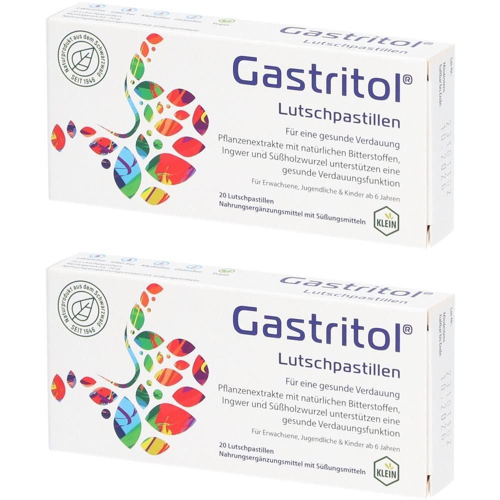Zwei Packungen Gastritol Lutschpastillen mit Magenabbildung und Kräutersiegel.