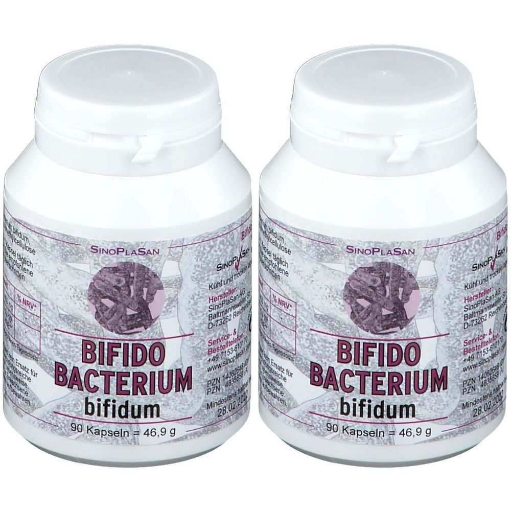 Zwei weiße Flaschen mit Schraubverschluss. Aufschrift: BIFIDO BACTERIUM bifidum, 90 Kapseln. Marke: SinoPlaSan.
