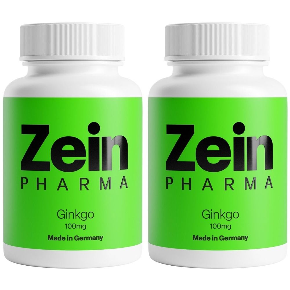 Zwei weiße Flaschen mit grünem Etikett. Aufschrift: Zein Pharma, Ginkgo 100mg, Made in Germany.