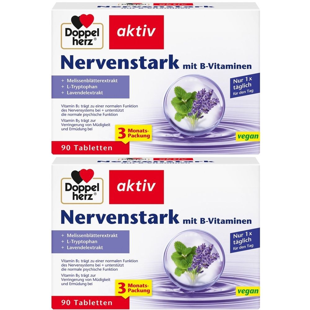 Zwei Packungen Doppelherz aktiv Nervenstark. Weiße Schachteln mit Produktnamen und Inhaltsstoffen. Enthält 90 Tabletten, vegan.