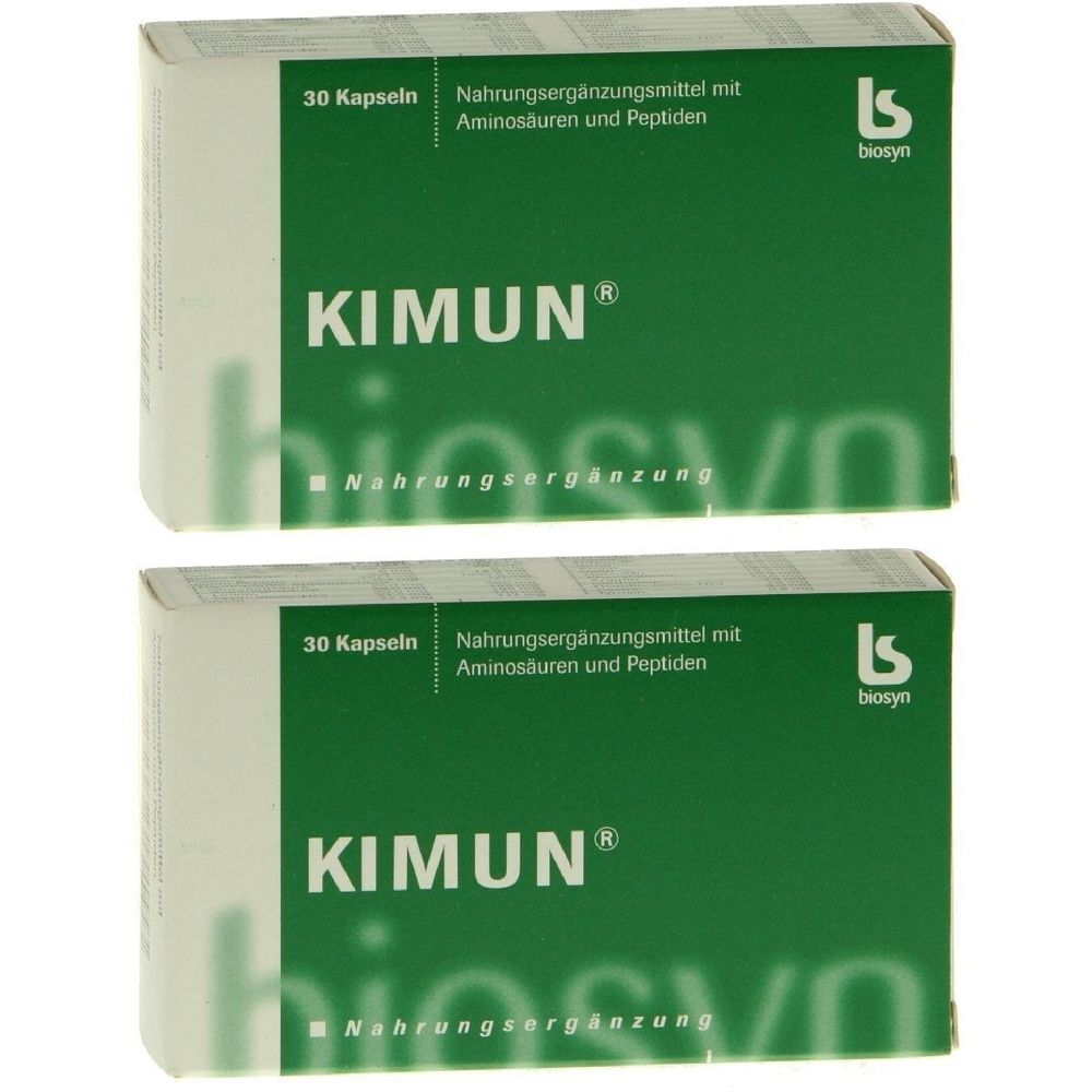 Zwei Schachteln KIMUN® Kapseln. Grüne Vorderseite mit weißer Schrift. Oben links: 30 Kapseln. Rechts: Logo biosyn. Nahrungsergänzungsmittel.