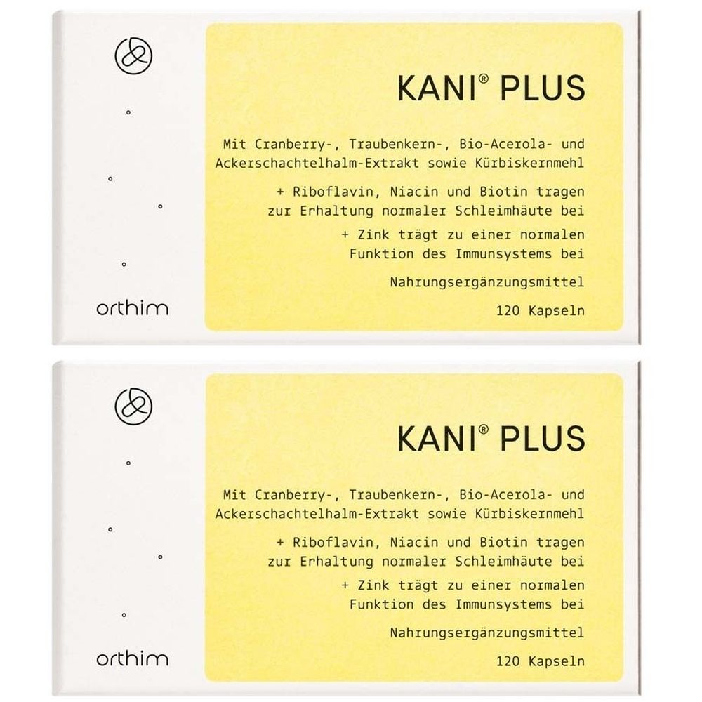 Zwei Packungen Kani® Plus. Aufschrift: Nahrungsergänzungsmittel, 120 Kapseln. Enthält Cranberry, Traubenkern, Bio-Acerola.