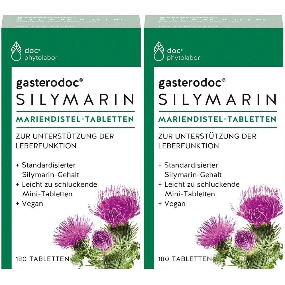 Zwei Packungen gasterodoc® SILYMARIN. Aufschrift: Mariendistel-Tabletten, zur Unterstützung der Leberfunktion. 180 Tabletten.