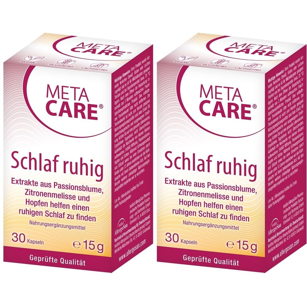 Zwei rechteckige Schachteln mit der Aufschrift META CARE Schlaf ruhig. Enthält 30 Kapseln. Geprüfte Qualität.