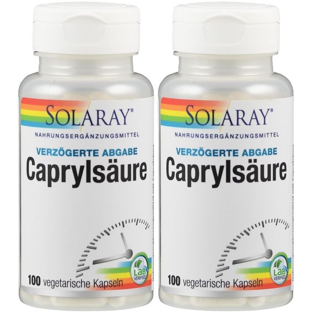 Zwei Flaschen SOLARAY Caprylsäure. Weiße Flaschen mit weißem Deckel. Aufschrift: Caprylsäure, 100 vegetarische Kapseln. Regenbogen-Logo.