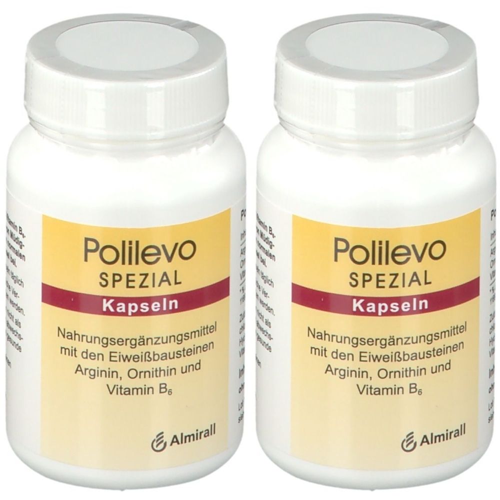 Zwei weiße Flaschen mit Kapseln. Auf dem Etikett steht "Polilevo Spezial Kapseln". Darunter "Nahrungsergänzungsmittel".