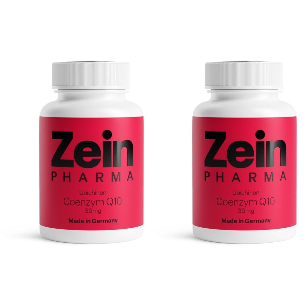 Zwei weiße Flaschen mit rotem Etikett. Aufschrift: Zein Pharma, Coenzym Q10, 30mg. Hergestellt in Deutschland.