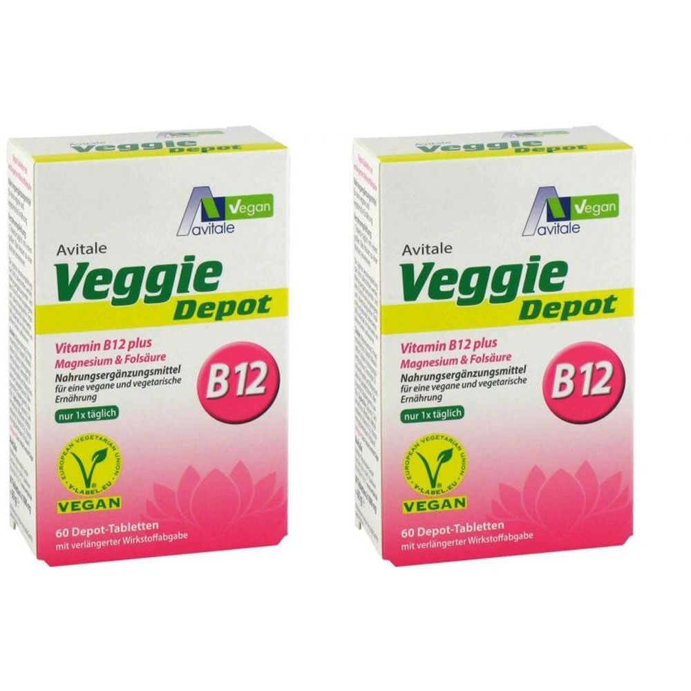 Zwei rechteckige Kartons mit Aufschrift Veggie Depot, B12, Vegan-Logo. Enthält Vitamin B12, Magnesium und Folsäure.