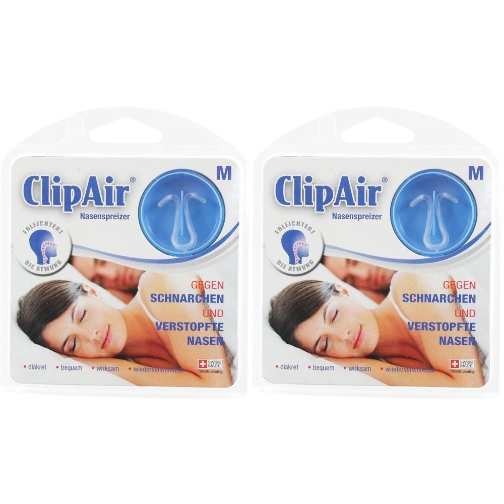 Zwei Packungen ClipAir Nasenspreizer. Blaue Verpackung mit Produktabbildung und Text: Gegen Schnarchen und verstopfte Nasen. Größe M.