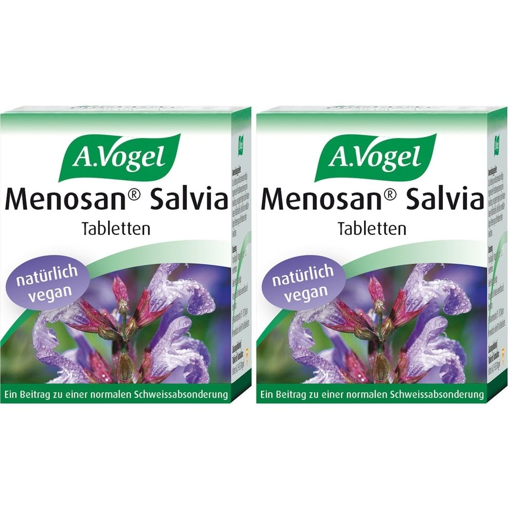 Zwei Schachteln A. Vogel Menosan Salvia Tabletten. Aufdruck: natürlich vegan. Mit Salbeiblüten-Abbildung.