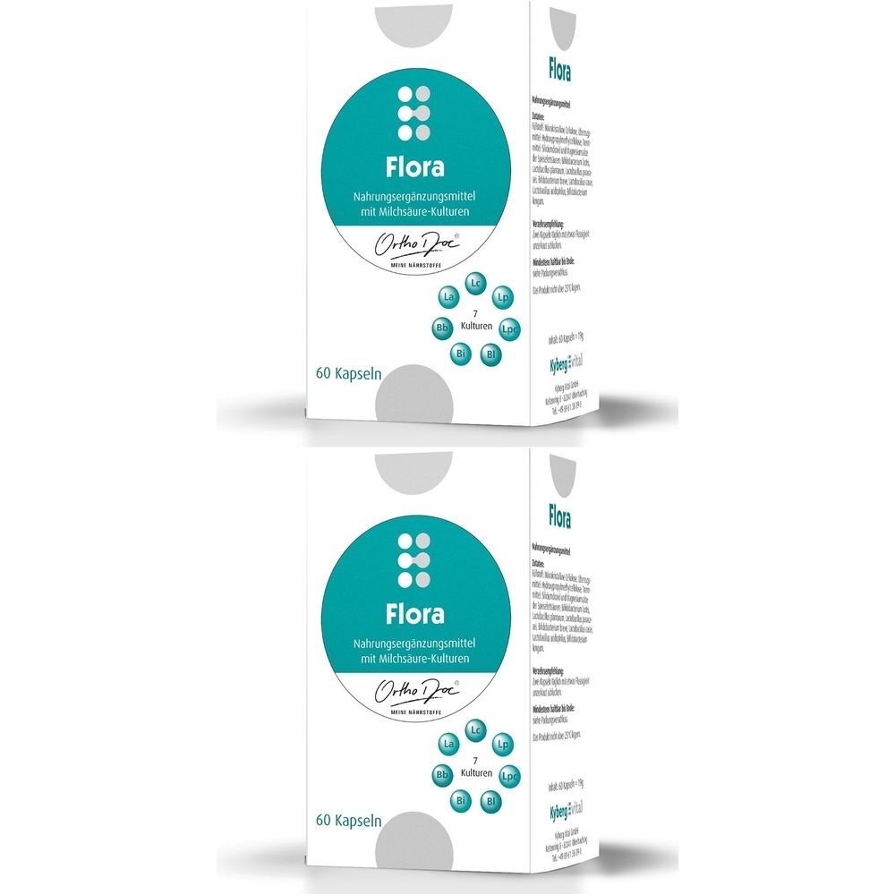 Weiße Verpackung mit blauem Kreis und Text. Enthält 60 Kapseln. Aufschrift: Flora, Ortho Doc.