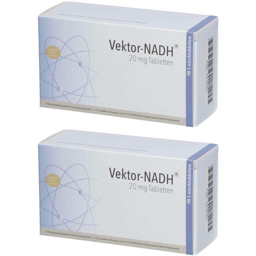 Zwei Schachteln Vektor-NADH 20 mg Tabletten. Weiße Verpackung mit blauer Schrift und einem grafischen Element. Aufschrift: 90 Lutschtabletten.