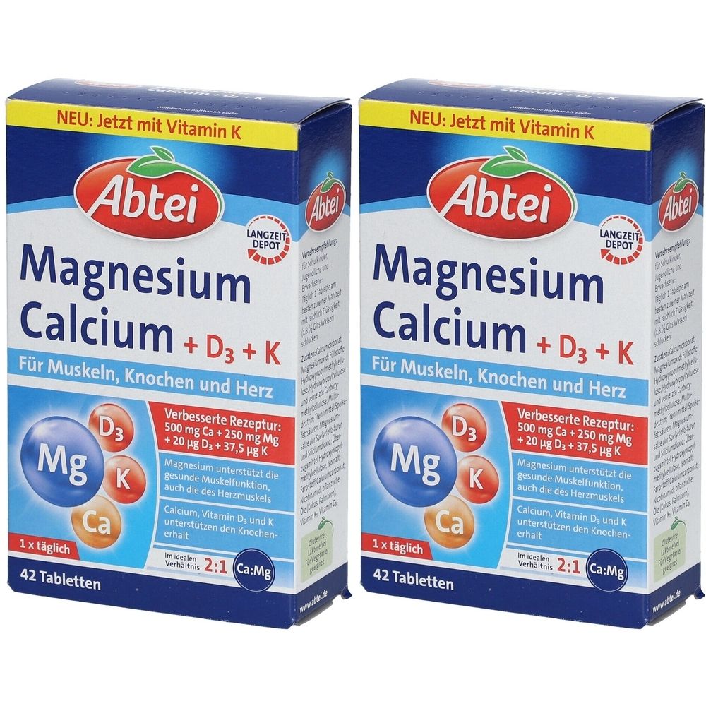 Zwei Schachteln Abtei Magnesium Calcium + D3 + K. Blaue und weiße Verpackung mit Produktinformationen und Logo. Enthält 42 Tabletten.