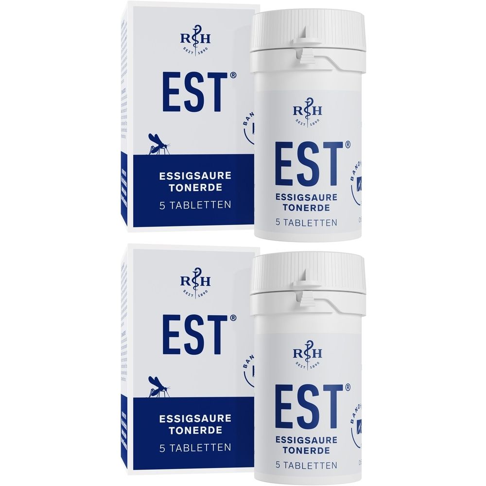 Zwei Packungen und zwei Flaschen. Aufschrift: EST Essigsaure Tonerde, 5 Tabletten. Logo R&H.